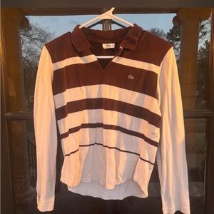 Lacoste Brown & White Striped Long Sleeve Polo
